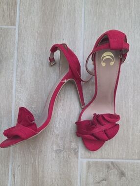 Red Suede Ankle-Strap High Heel Sandals with Bow Accent
